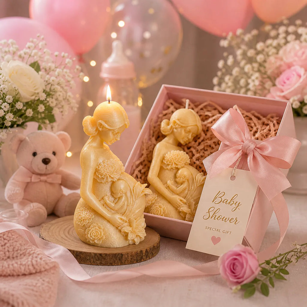 Candle shaped like a pregnant woman with a baby, surrounded by balloons and flowers, on a table.