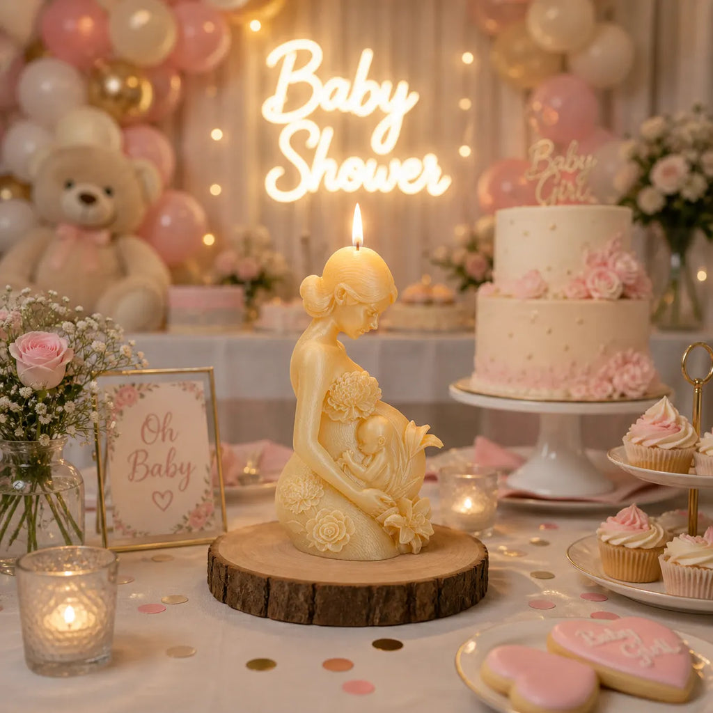 Baby shower setup with cake, candles, and decorations.