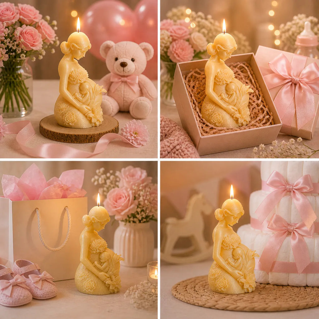 Collage of decorative candles shaped like a baby and a teddy bear, with flowers and balloons in the background.