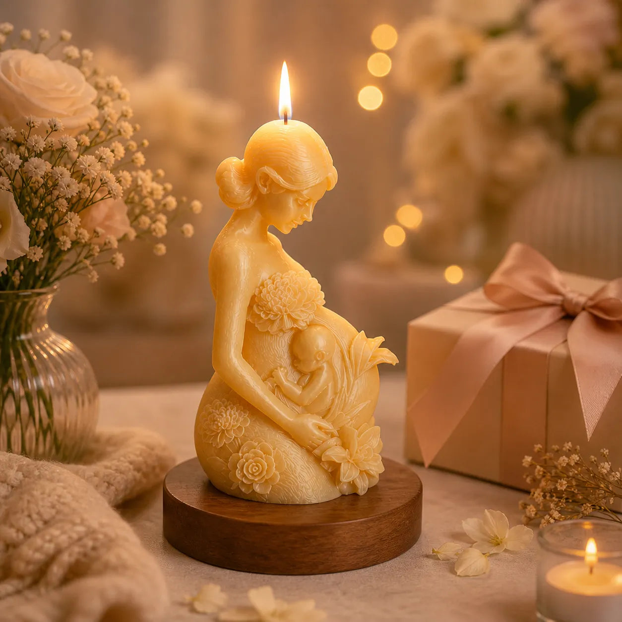 Candle shaped like a woman with flowers, surrounded by flowers and a gift box.