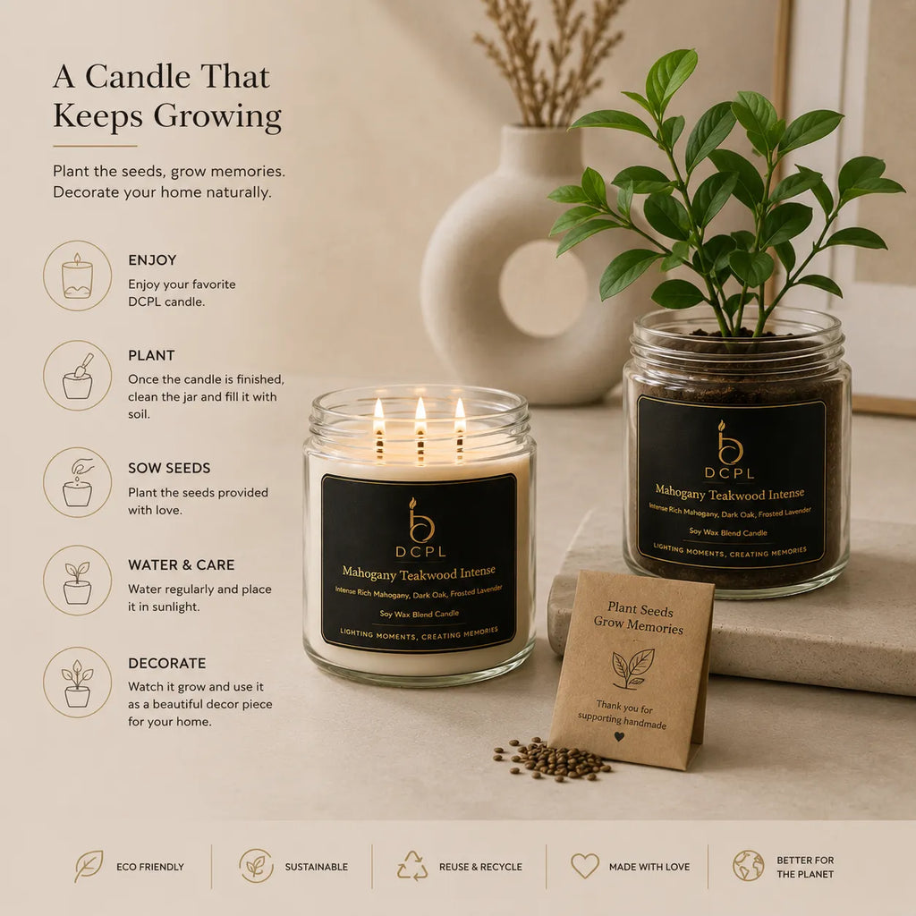 Candle with plantable seed packaging on a neutral background