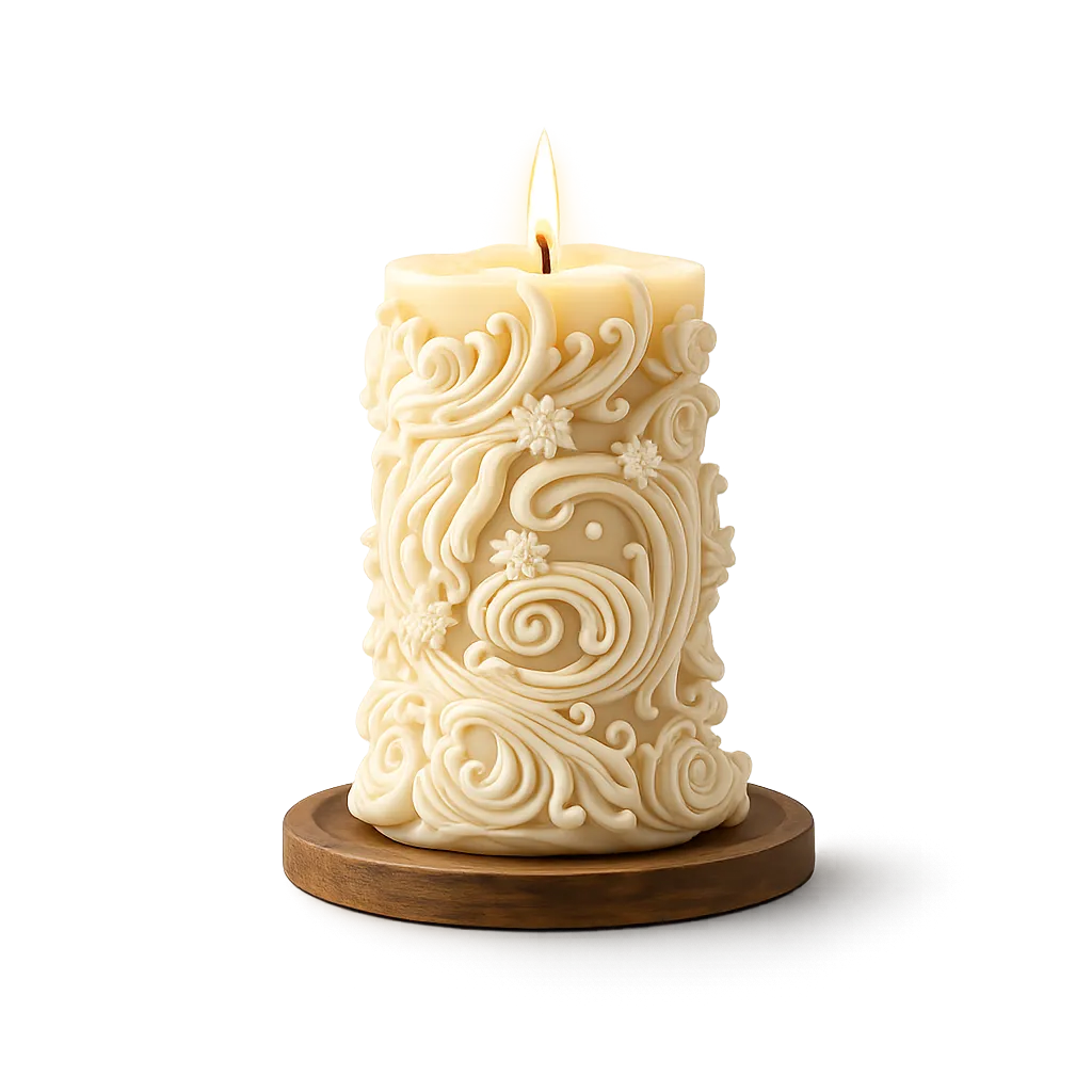 Decorative candle with intricate patterns on a wooden base against a white background