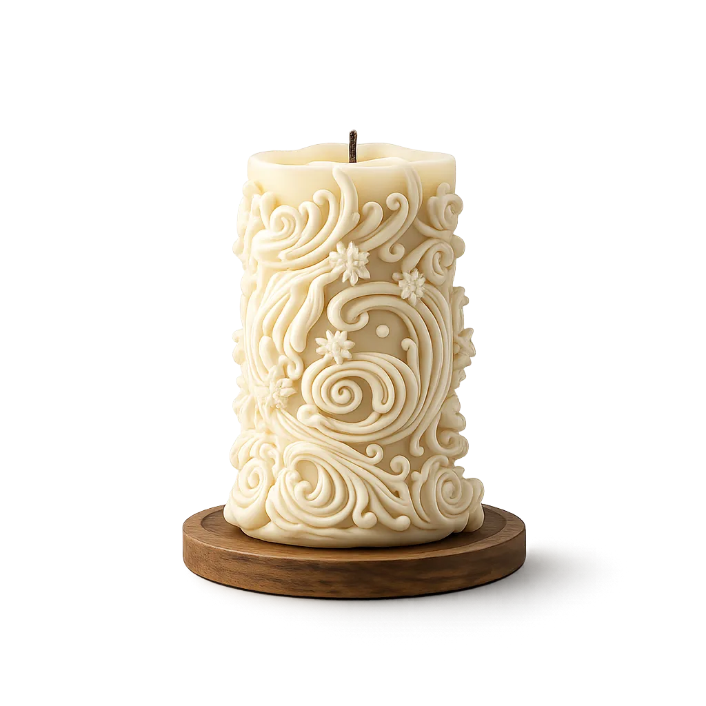 Decorative candle with intricate patterns on a wooden base against a white background