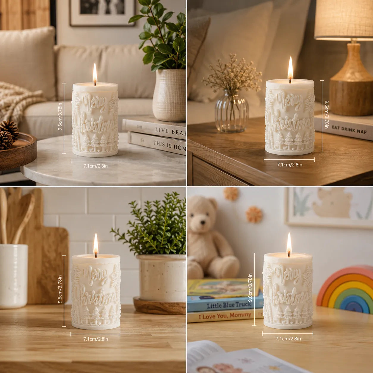 White textured candles with measurements in various home settings
