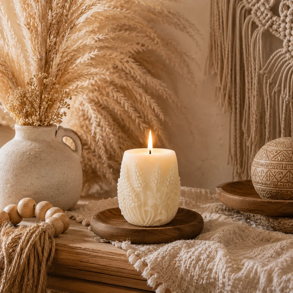 Candle on a wooden coaster with decorative elements including a vase with dried plants and macrame wall hanging.