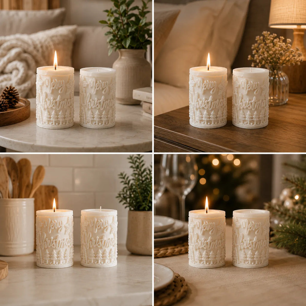 Collage of white candles with 'Merry Christmas' text in various settings.