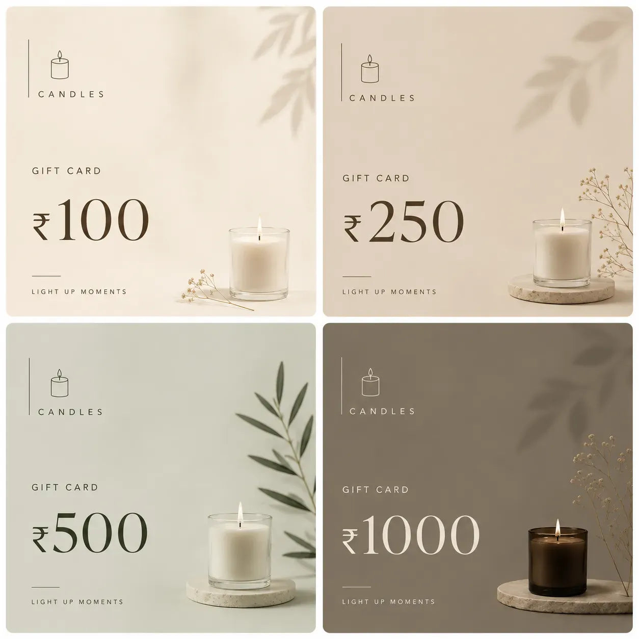 Set of four candle-themed gift cards with different values.